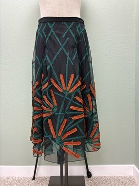 Eva Franco Black Mesh Midi Skirt with Green Lattice and Orange Floral Embroidery
